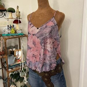 Vintage Coquette Pink Sheer Floral Lingerie Tank Top w Ruffle Hems by Bestform